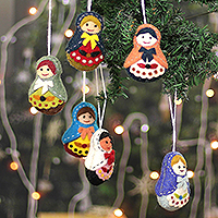 Wool ornaments, 'Fantasy Maidens' (set of 6) - Set of Six Whimsical Wool and Cotton Doll Ornaments