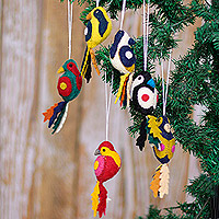 Wool felt ornaments, 'Parakeet Greetings' (set of 6) - Set of 6 Wool Felt Parakeet Ornaments Handcrafted in India