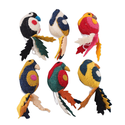 Wool felt ornaments, 'Parakeet Greetings' (set of 6) - Set of 6 Wool Felt Parakeet Ornaments Handcrafted in India