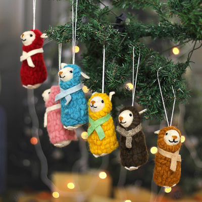 Set of 6 Handmade Felt Ornaments in Multicolor Palette - Merry