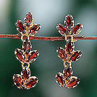 22k gold-plated garnet dangle earrings, 'Golden Red Leaves'