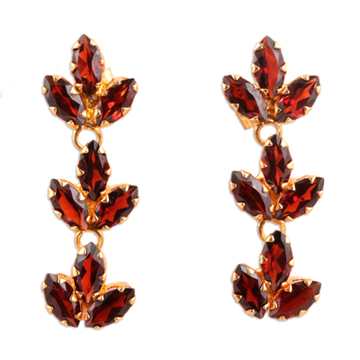 22k gold-plated garnet dangle earrings, 'Golden Red Leaves' - 22k Gold-Plated Leafy Garnet Dangle Earrings from India