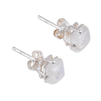 Rainbow moonstone stud earrings, 'Mystic Charm' - Shiny Sterling Silver Stud Earrings with Rainbow Moonstones