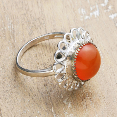 Carnelian cocktail ring, 'Fiery Floret' - Natural Carnelian and Sterling Silver Floral Cocktail Ring