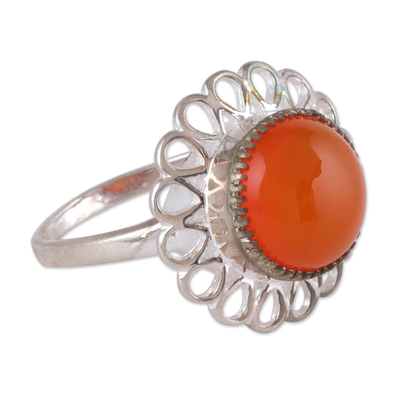Carnelian cocktail ring, 'Fiery Floret' - Natural Carnelian and Sterling Silver Floral Cocktail Ring