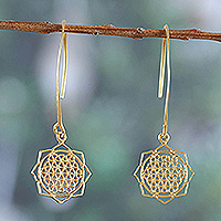 Gold-plated dangle earrings, 'Shri Yantra Mantra Victory' - Shri Yantra Mantra Motif 22k Gold-Plated Dangle Earrings