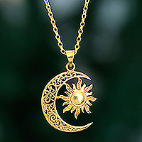 Gold-plated pendant necklace, 'Sacred Duo' - Sun and Crescent Moon 22k Gold-Plated Pendant Necklace
