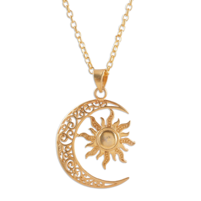 Gold-plated pendant necklace, 'Sacred Duo' - Sun and Crescent Moon 22k Gold-Plated Pendant Necklace