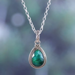Emerald pendant necklace, 'Halo Effect in Green' - Sterling Silver Pendant Necklace with 3-Carat Emerald Gem
