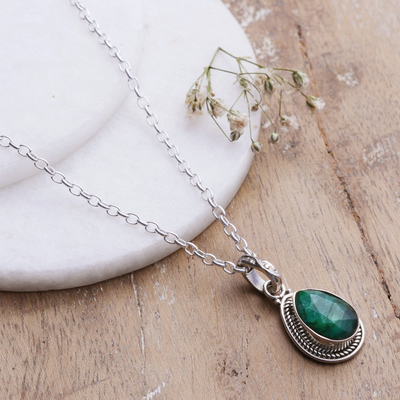 Emerald pendant necklace, 'Halo Effect in Green' - Sterling Silver Pendant Necklace with 3-Carat Emerald Gem