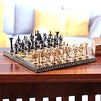 Brass chess set, 'The Triumph of Rome' - Rome-Themed Brass and Iron Chess Set with Wooden Box