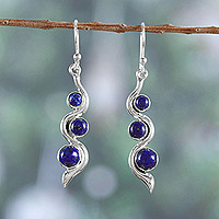 Lapis lazuli dangle earrings, 'Swirling Intellect' - Modern Sterling Silver Lapis Lazuli Dangle Earrings