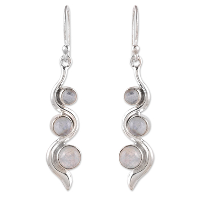 Rainbow moonstone dangle earrings, 'Swirling Mistiness' - Modern Sterling Silver Rainbow Moonstone Dangle Earrings