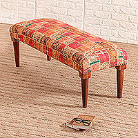 Cotton ottoman, 'Red Palace' - Floral Red and Brown Cotton and Acacia Wood Ottoman