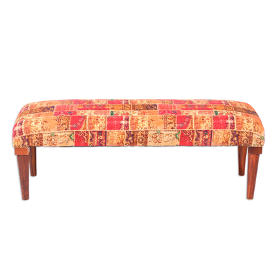 Cotton ottoman, 'Red Palace' - Floral Red and Brown Cotton and Acacia Wood Ottoman