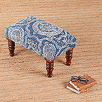 Cotton ottoman, 'Floral Dimension' - Floral Royal Blue and Snow White Cotton Ottoman from India