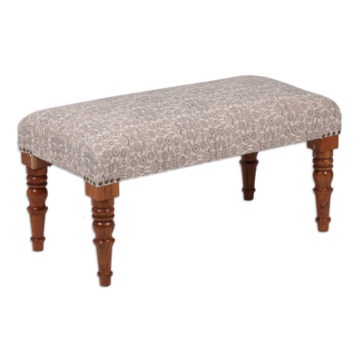 Cotton ottoman, 'Taupe Spring' - Floral Light Taupe and Alabaster Cotton Ottoman from India