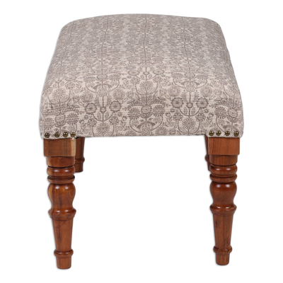 Cotton ottoman, 'Taupe Spring' - Floral Light Taupe and Alabaster Cotton Ottoman from India