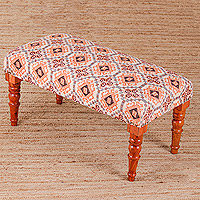 Cotton ottoman, 'Glory of the Palace' - Traditional Orange and Alabaster Cotton Ottoman from India