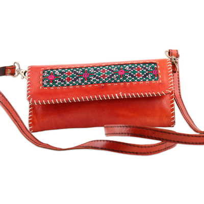 Embroidered leather sling, 'Kutch Charm' - Strawberry Leather Sling with Cotton Kutch Embroidery