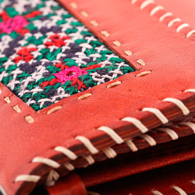 Embroidered leather sling, 'Kutch Charm' - Strawberry Leather Sling with Cotton Kutch Embroidery