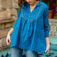 Block-printed cotton tunic, 'Magical Spring' - Block-Printed Patterned Blue Cotton Tunic from India