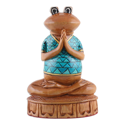 Wood figurine, 'Serene Frog' - Hand-Painted Wood Figurine of Meditating Frog from India