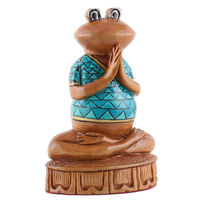 Wood figurine, 'Serene Frog' - Hand-Painted Wood Figurine of Meditating Frog from India