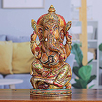 Escultura de madera - Escultura pintada a mano del dios hindú Ganesha con cabeza de elefante