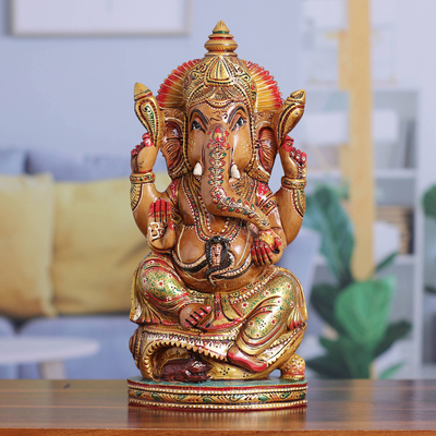 Escultura de madera - Escultura pintada a mano del dios hindú Ganesha con cabeza de elefante