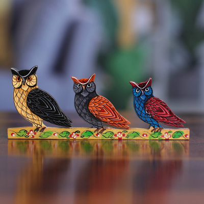 Wood magnet, 'Owl Glory' - Hand-Carved and Painted Kadam Wood Owl Magnet from India