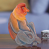 Wood magnet, 'Calm Monkey' - Hand-Painted Monkey Kadam Wood Magnet from India