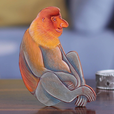 Imán de madera, 'Mono tranquilo' - Imán de madera Kadam de mono pintado a mano de la India