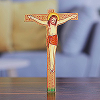 Wood magnet, 'Sacred Crucifixion' - Hand-Painted Jesus Christ Kadam Wood Magnet from India