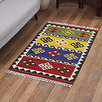 Wool area rug, 'Unique Home' (3x5) - Handloomed Geometric Colorful Wool Area Rug from India (3x5)