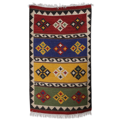 Alfombra de lana, (3x5) - Alfombra de lana colorida y geométrica tejida a mano de la India (3x5)