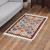 Wool area rug, 'Starry Kaleidoscope' (3x5) - Diamond-Patterned Handloomed Wool Area Rug (3x5)