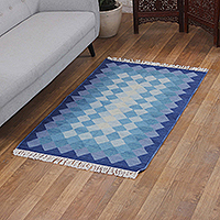 Wool area rug, 'Blue Combination' (3x5) - Modern Geometric-Patterned Blue Wool Area Rug (3x5)