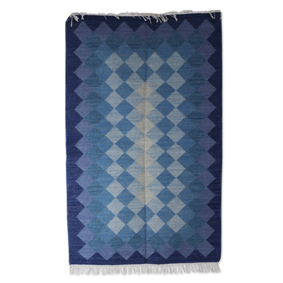 Alfombra de lana, (3x5) - Alfombra moderna de lana azul con estampado geométrico (3x5)