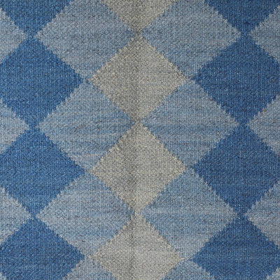 Alfombra de lana, (3x5) - Alfombra moderna de lana azul con estampado geométrico (3x5)