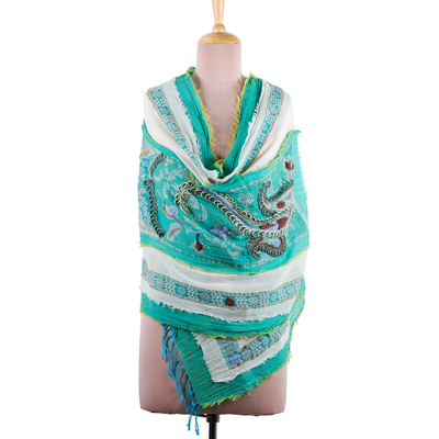 Hand-embroidered wool and cotton blend shawl, 'Paisley Whispers' - Hand-Embroidered Wool and Cotton Blend Shawl in Turquoise
