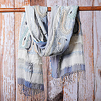 Hand-embroidered wool and cotton blend shawl, 'Celestial Whispers' - Hand-Embroidered Wool and Cotton Blend Shawl in Grey
