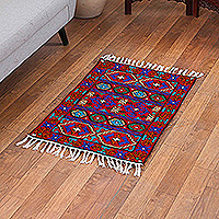 Wool area rug, 'Greetings From the Valley' (2x3) - Traditional Chain-Stitched Red and Blue Wool Area Rug (2x3)