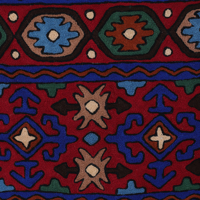 Alfombra de lana, (2x3) - Alfombra tradicional de lana roja y azul cosida en cadena (2x3)