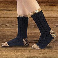 Knit slipper socks, 'Midnight in the Valley' - Handcrafted Unisex Black and Beige Slipper Socks from India