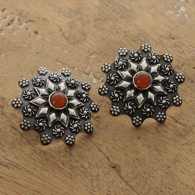 Pendientes de botón de cornalina - Pendientes de botón floral de plata de ley con piedras de cornalina