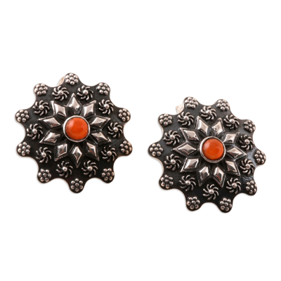 Carnelian button earrings, 'Fiery Blossoms' - Sterling Silver Floral Button Earrings with Carnelian Stones