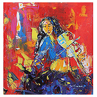 'Violinist' - Pintura acrílica expresionista roja y azul sin estirar