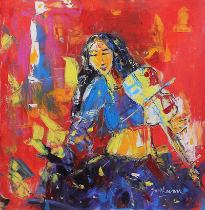 'Violinist' - Unstretched Red and Blue Expressionist Acrylic Painting