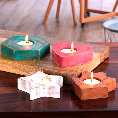 Set of 4 Wood Tealight Candle Holders with Distressed Finish - Cozy Glitter